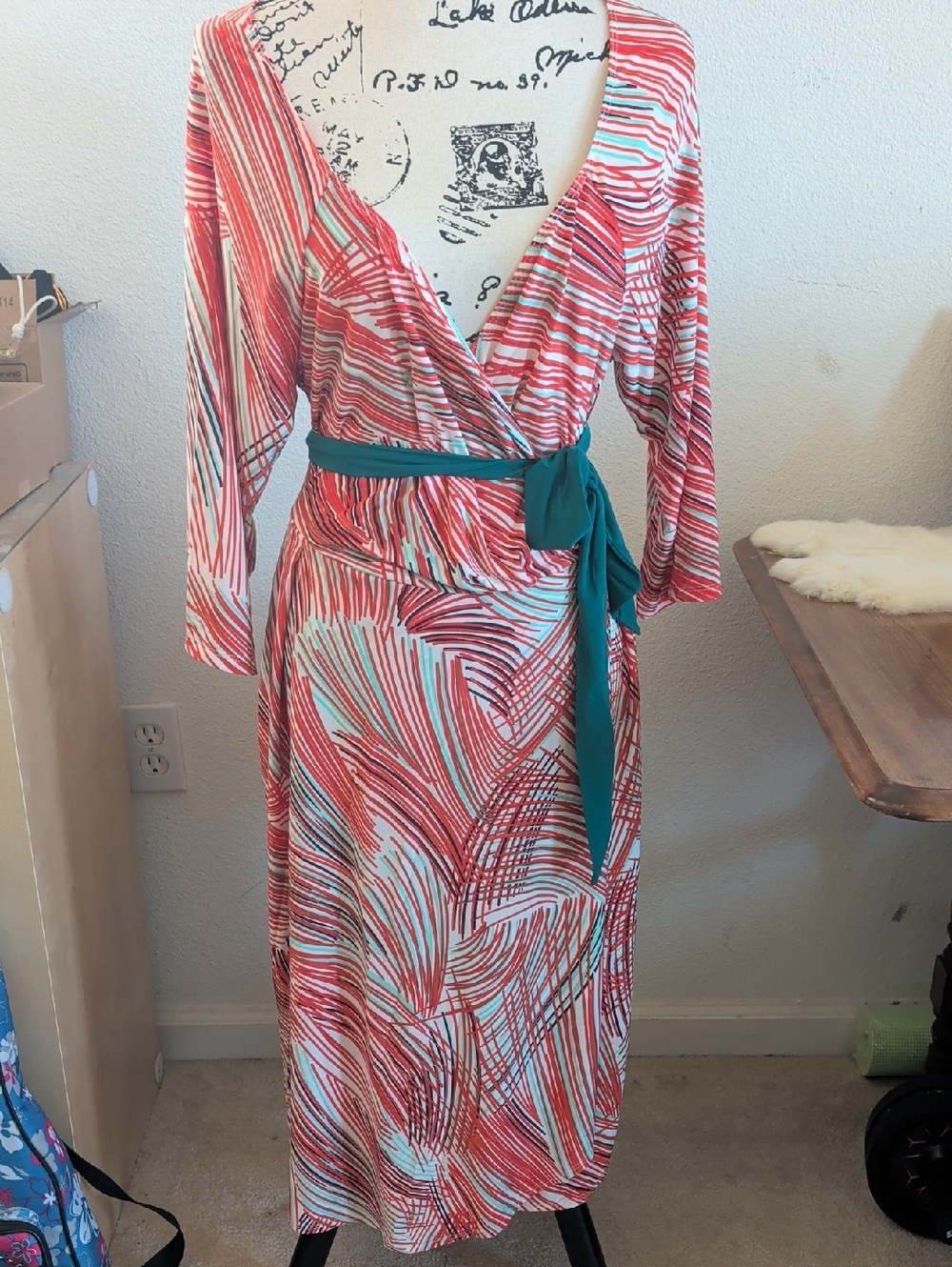 Igigi Red and Teal Printed Wrap Maxi Dress